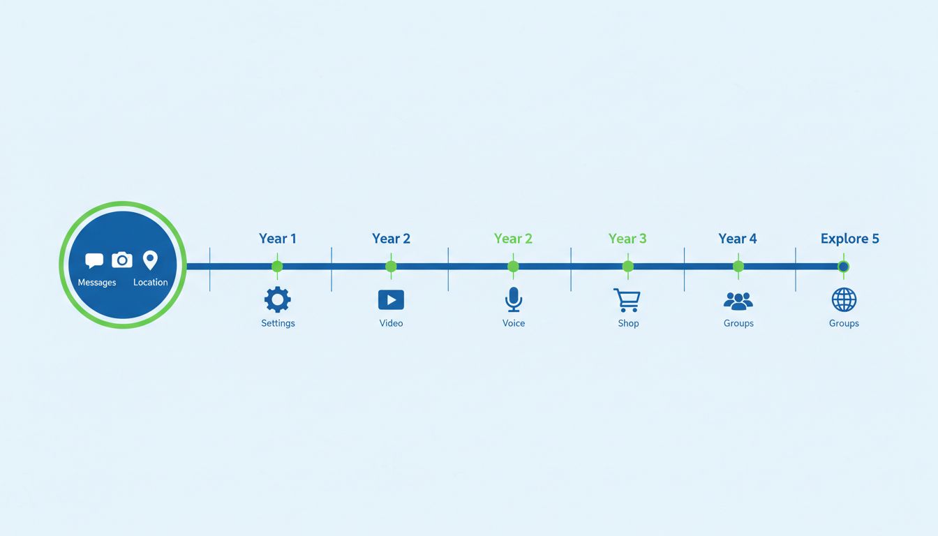 Timeline showing the staged feature rollout of a successful app, beginning with three core functions