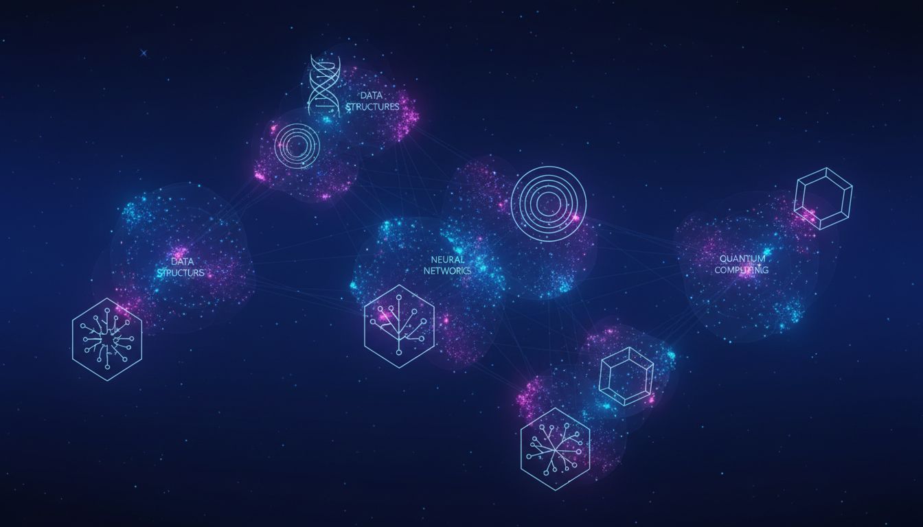 Abstract visualization of a high-dimensional embedding space with clustered points connected by geometric relationships