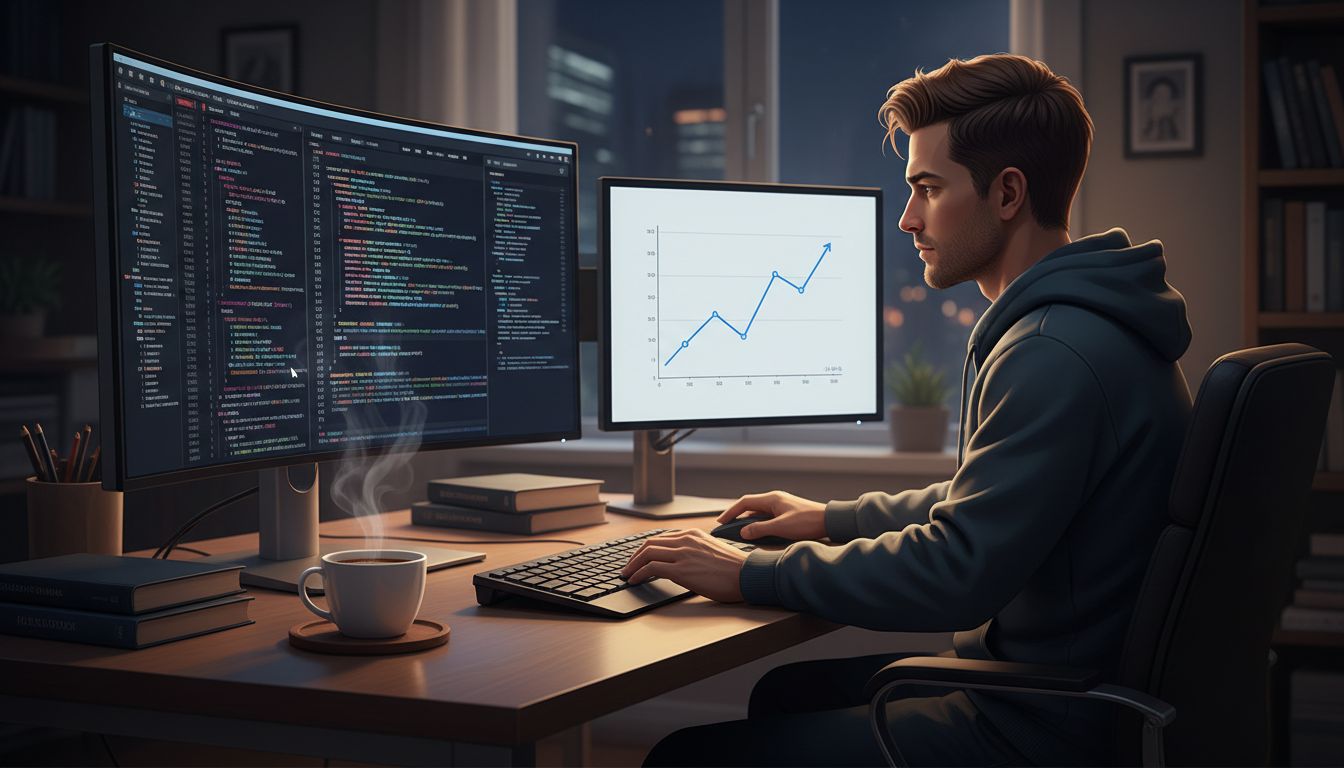 Developer building a side project at home with early traction visible on screen