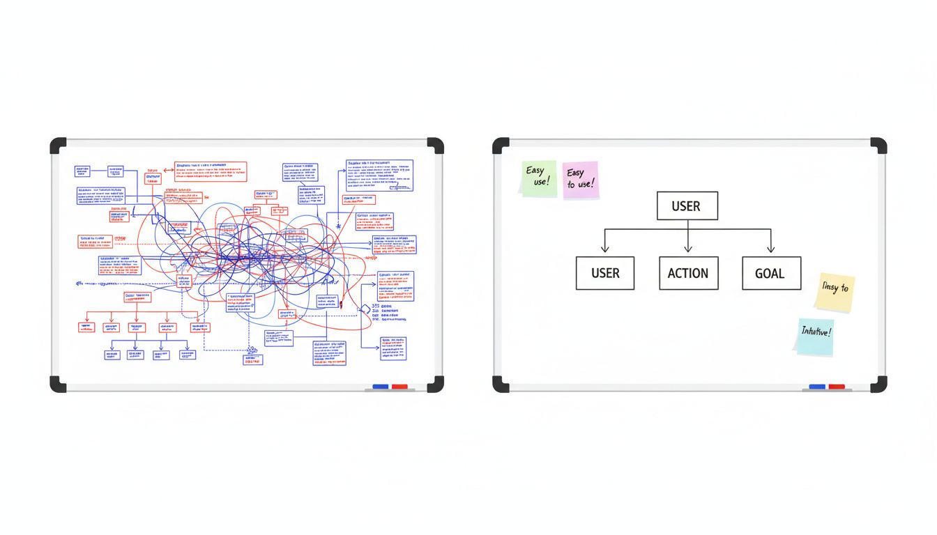 Two whiteboards comparing investor-driven planning versus user-driven side project learning
