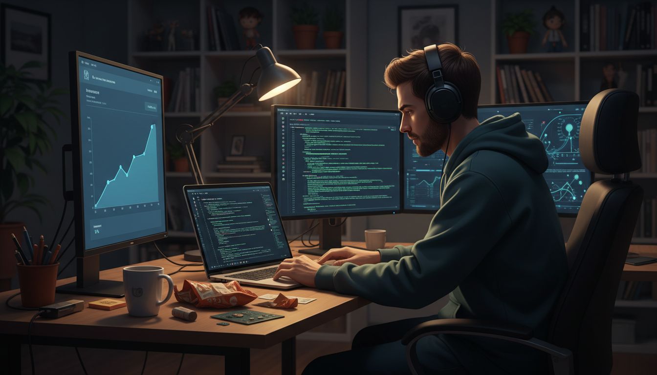 Developer working on a side project late at night with analytics dashboard showing early growth