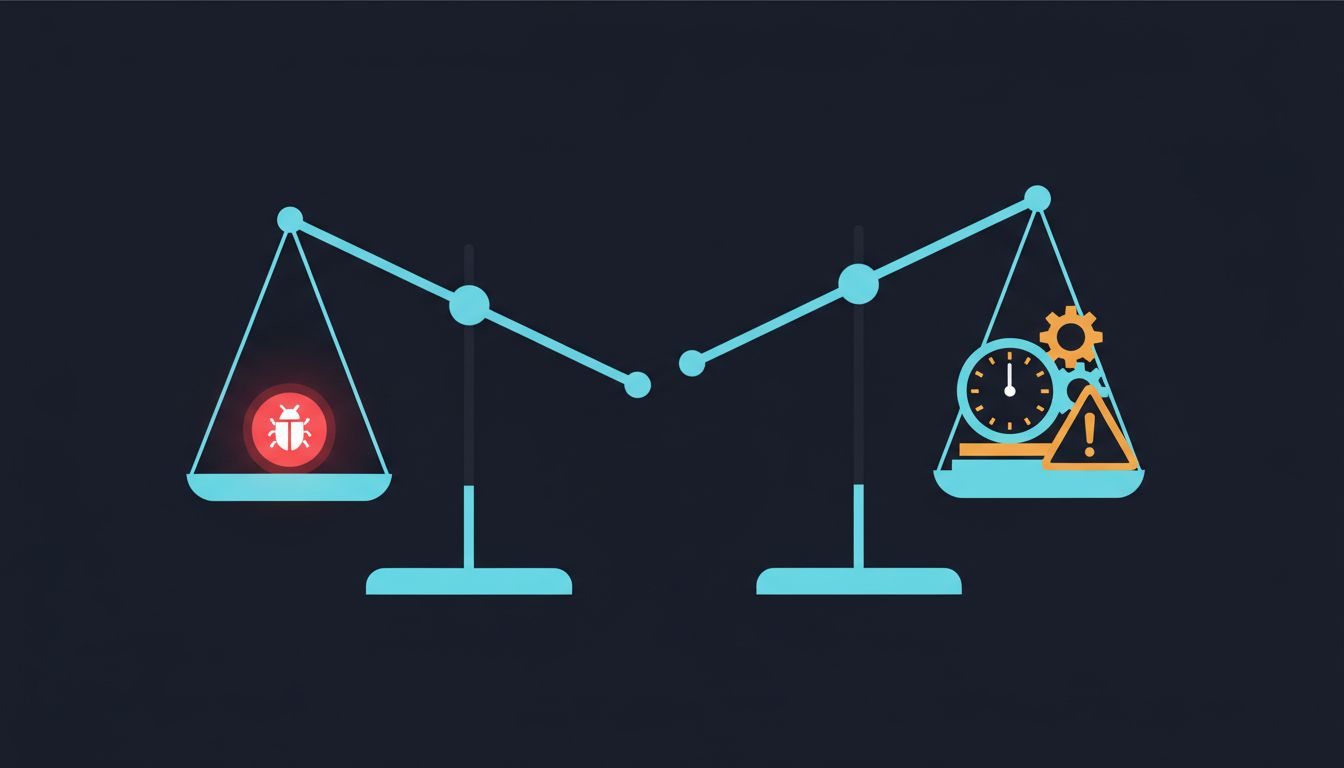 A balance scale diagram showing the asymmetric cost-benefit calculation of fixing a minor software bug