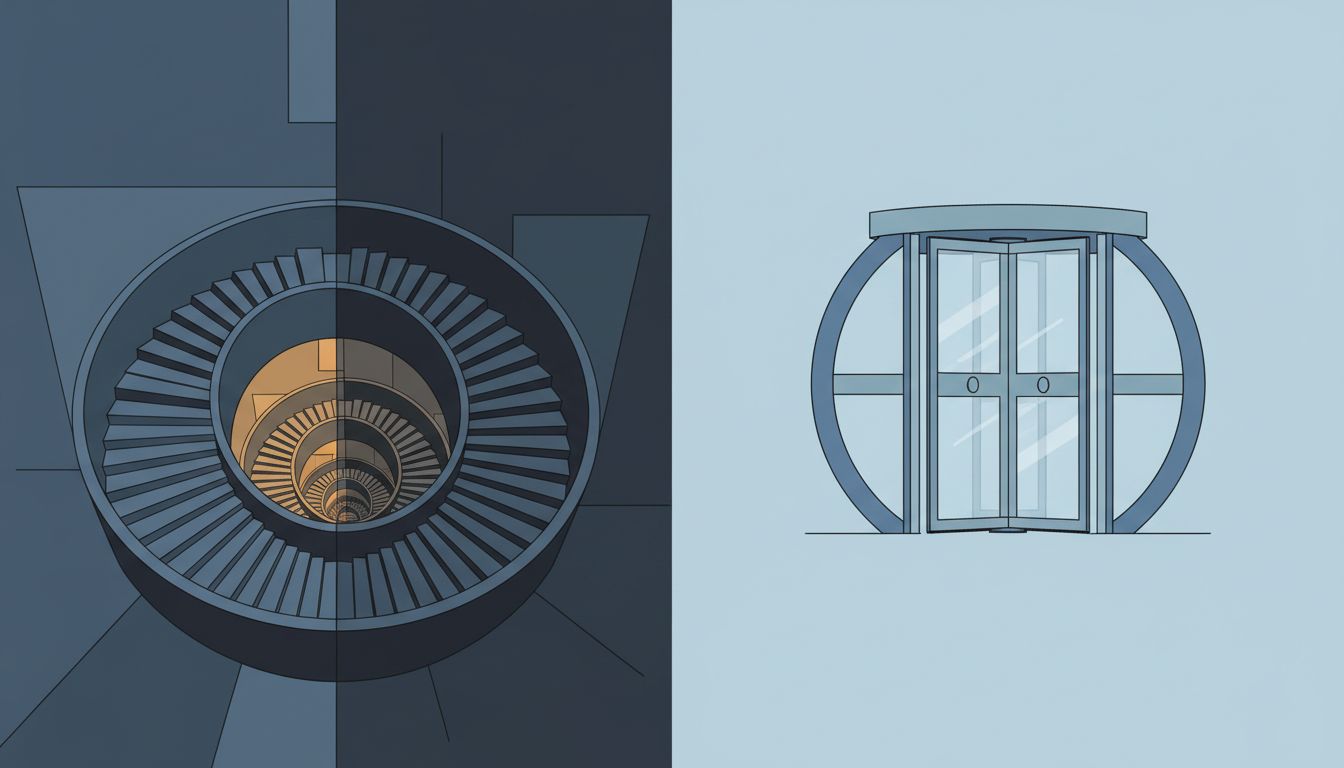 Illustration contrasting a deep staircase of mastery with a revolving door of shallow re-engagement