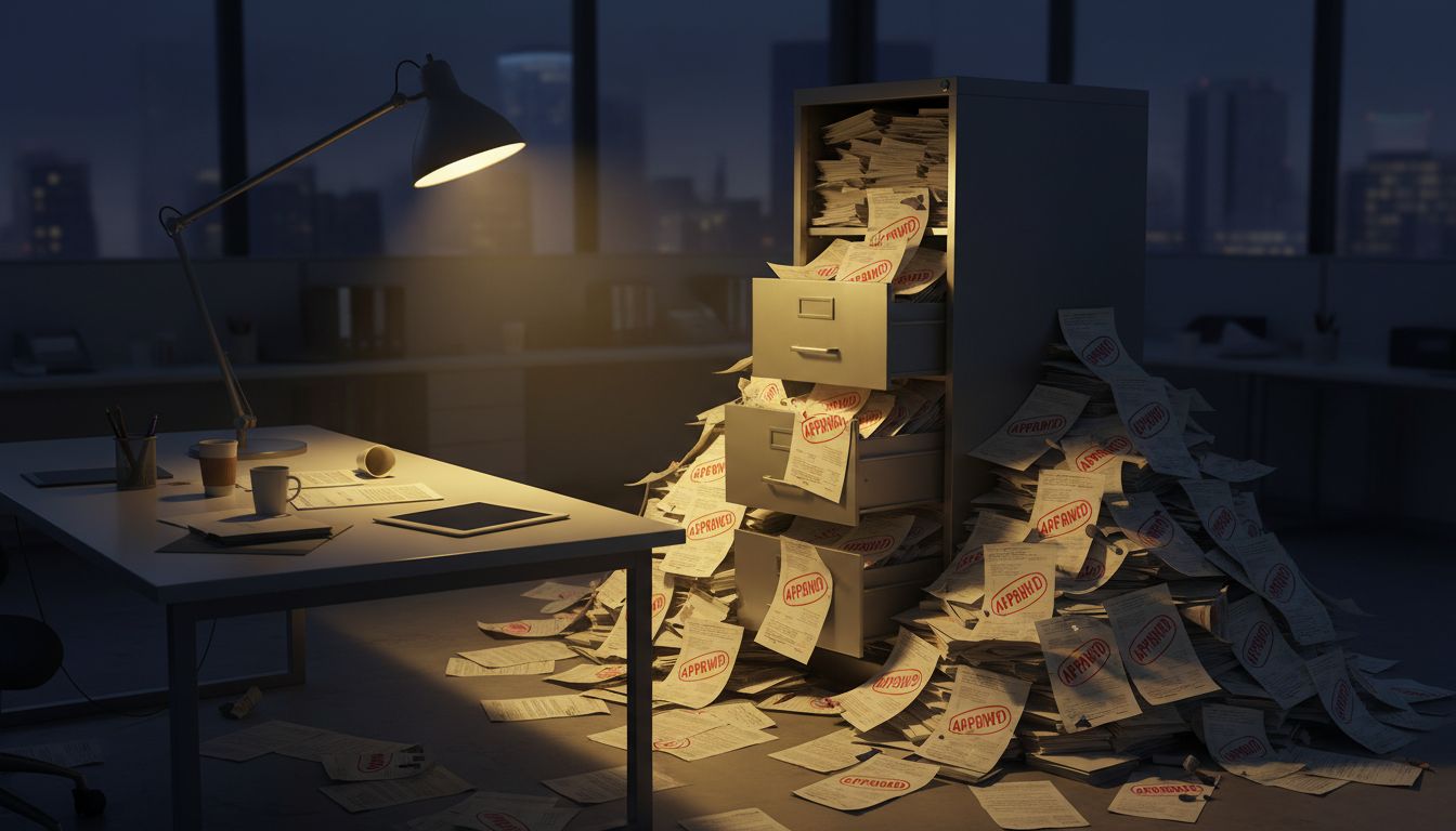 Filing cabinet overflowing with approved patent documents under a desk lamp