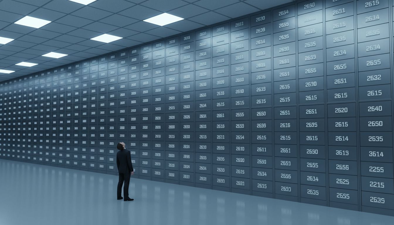Enormous wall of patent filing cabinets in a corporate setting with a small human figure at the base