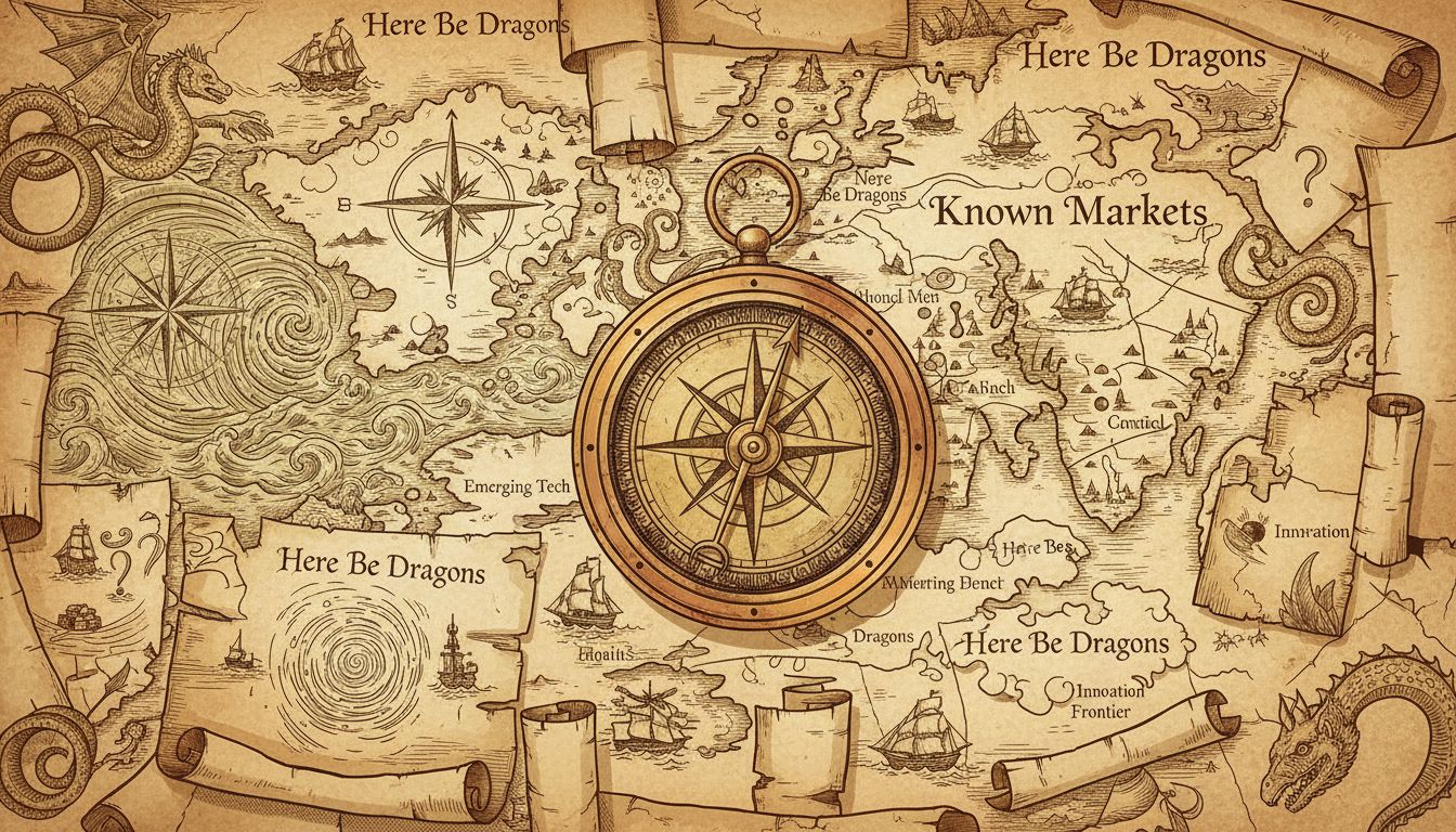 Vintage nautical map with compass pointing toward uncharted market territory
