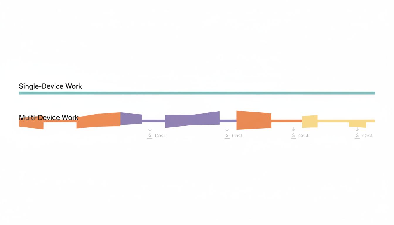 Two timelines contrasting focused single-task work against fragmented multi-device switching, with visible cost gaps between each context switch