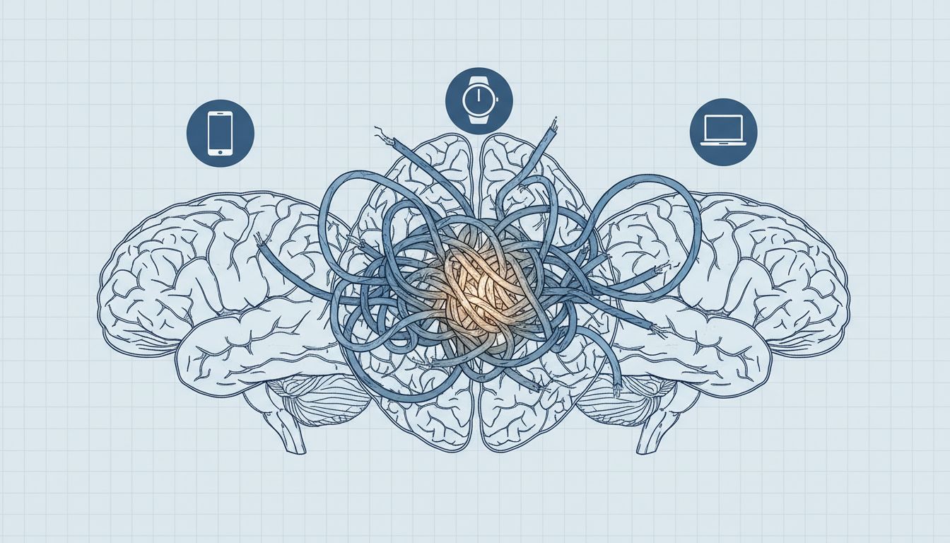 Diagram of a brain divided into three sections connected by fraying wires, representing cognitive fragmentation across multiple devices