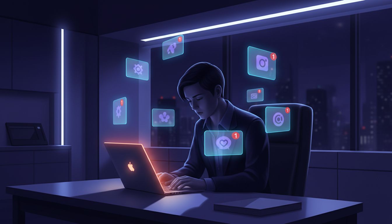 Person at laptop surrounded by floating notification-heavy app windows orbiting their head