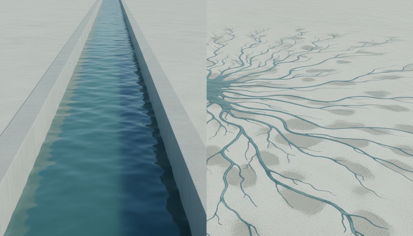 Conceptual illustration contrasting a single focused stream of water with fragmented shallow trickles, representing focused versus distracted attention