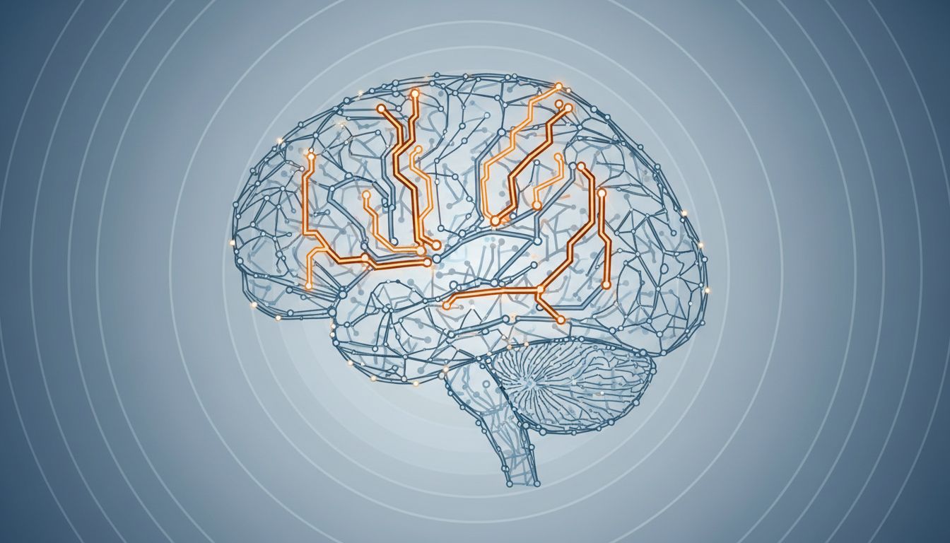 Abstract illustration of a brain's neural pathways, showing reinforced distraction circuits and weakened focus circuits
