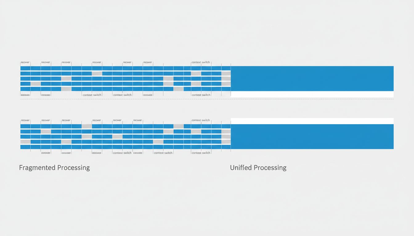 Diagram comparing fragmented task switching with batched deep work blocks, showing recovery time costs