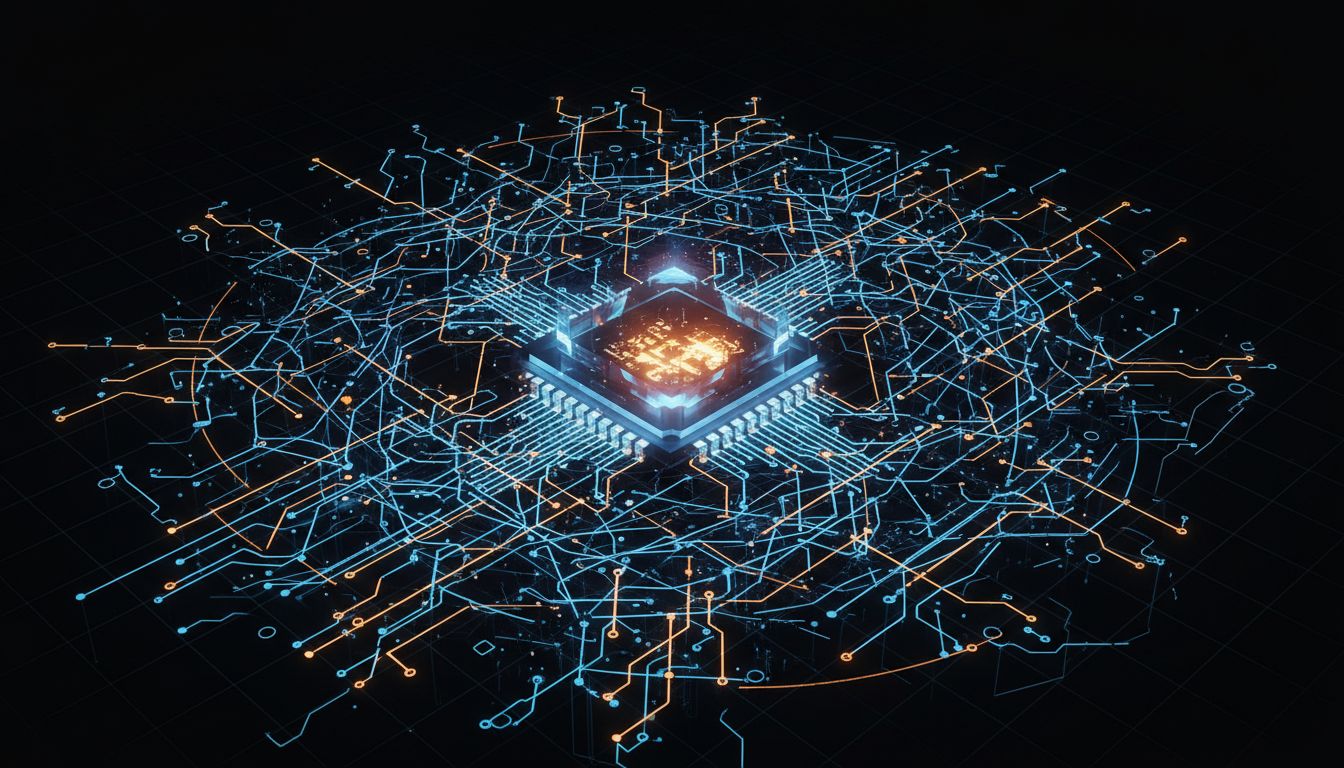 Abstract illustration of a processor overwhelmed by fragmented, looping task paths representing context switching overhead