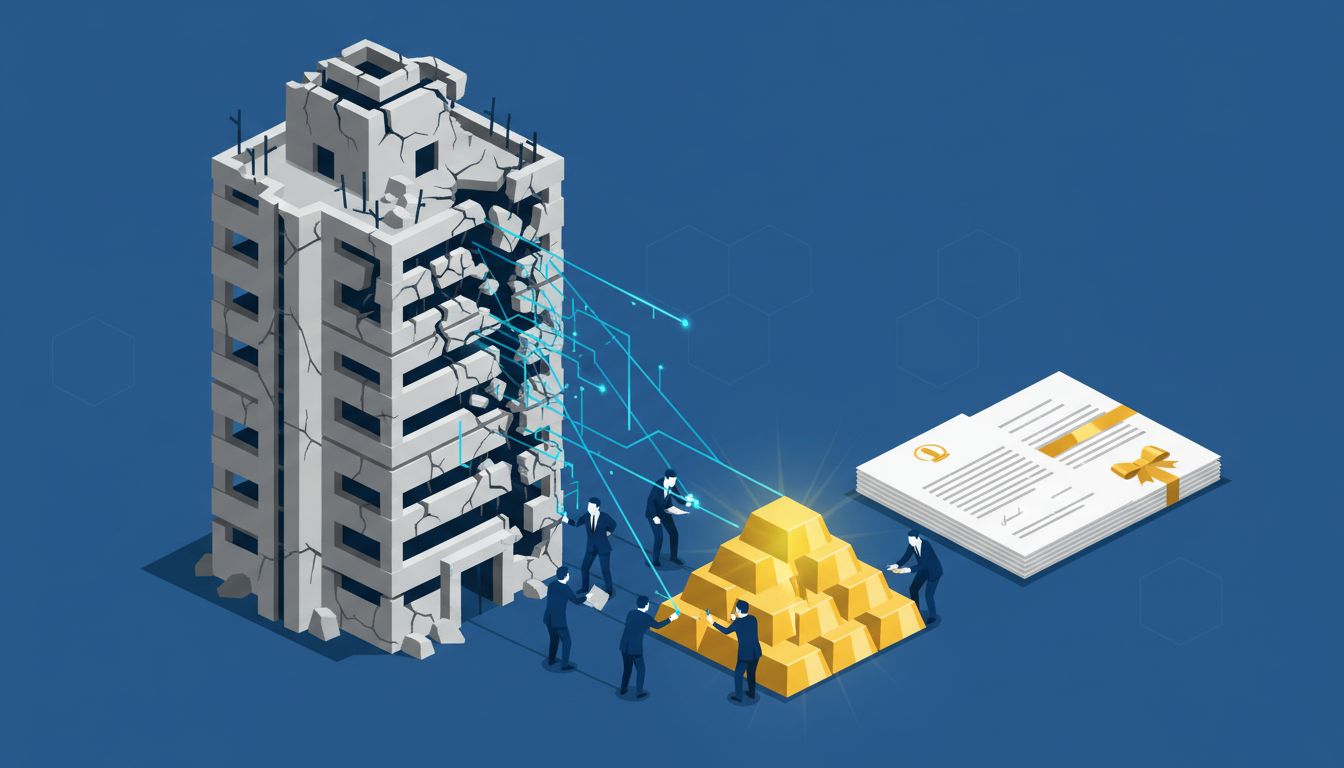 Abstract illustration of a collapsing corporate structure with its intellectual assets being converted into financial instruments