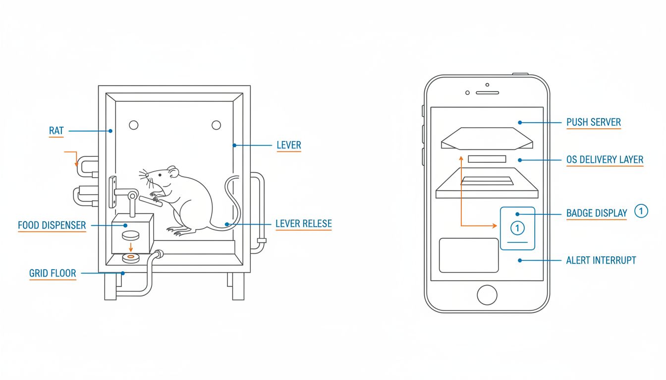 Side by side comparison of a Skinner conditioning box and smartphone notification architecture