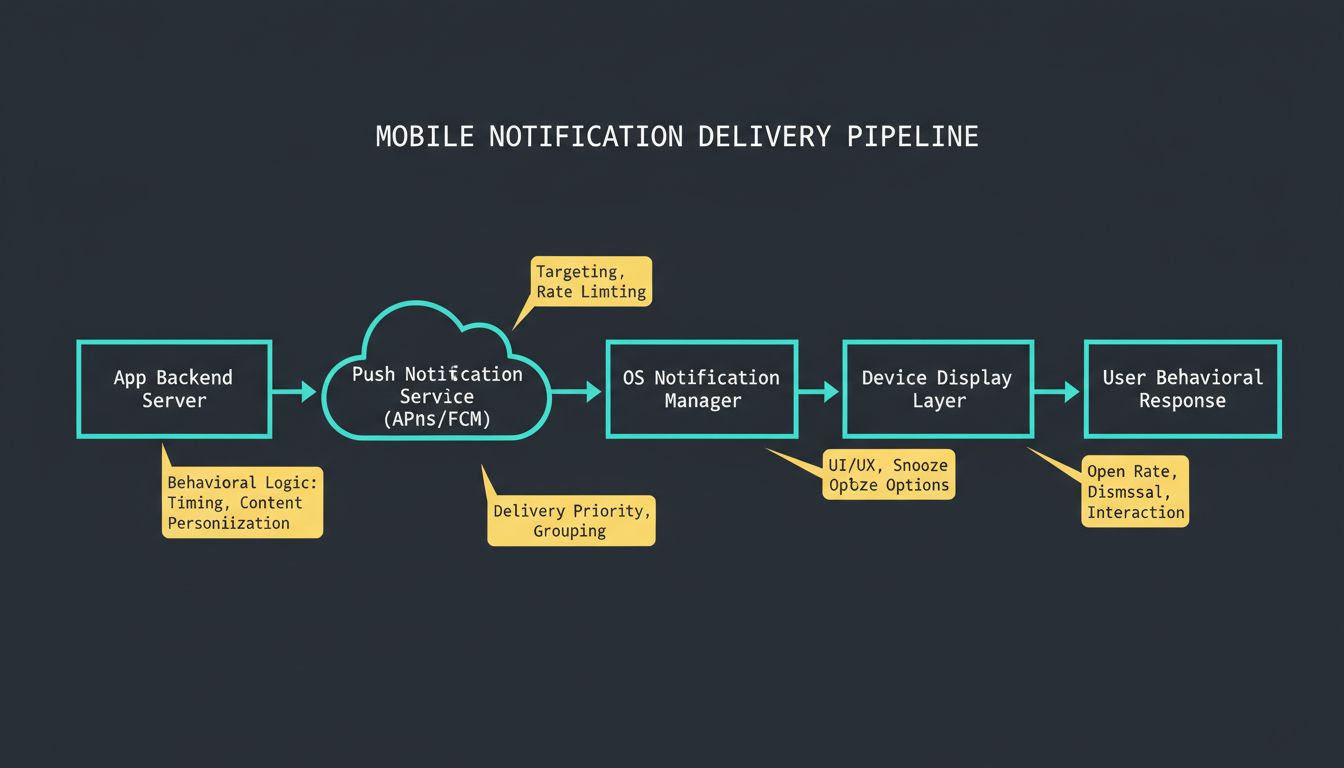 Technical diagram of mobile notification delivery pipeline with behavioral optimization annotations