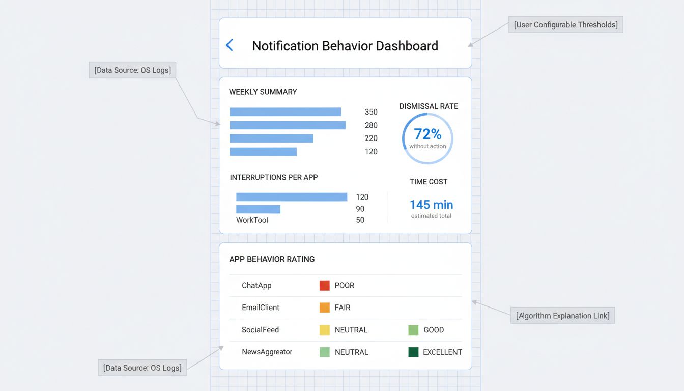 Wireframe mockup of a hypothetical honest notification behavior dashboard showing interruption costs