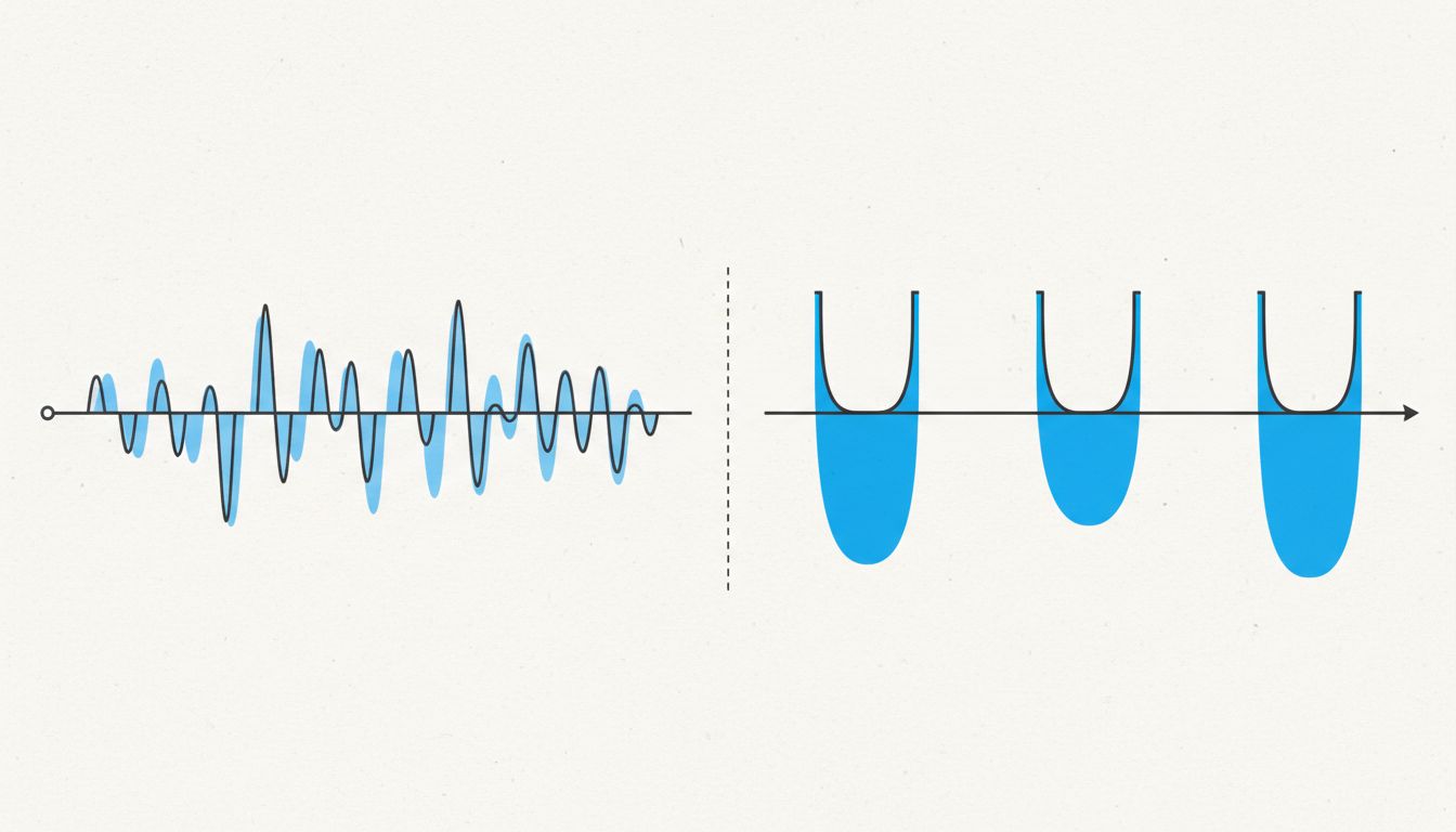 Side-by-side diagram comparing frequent small interruptions with quick recovery versus infrequent large interruptions with slow recovery