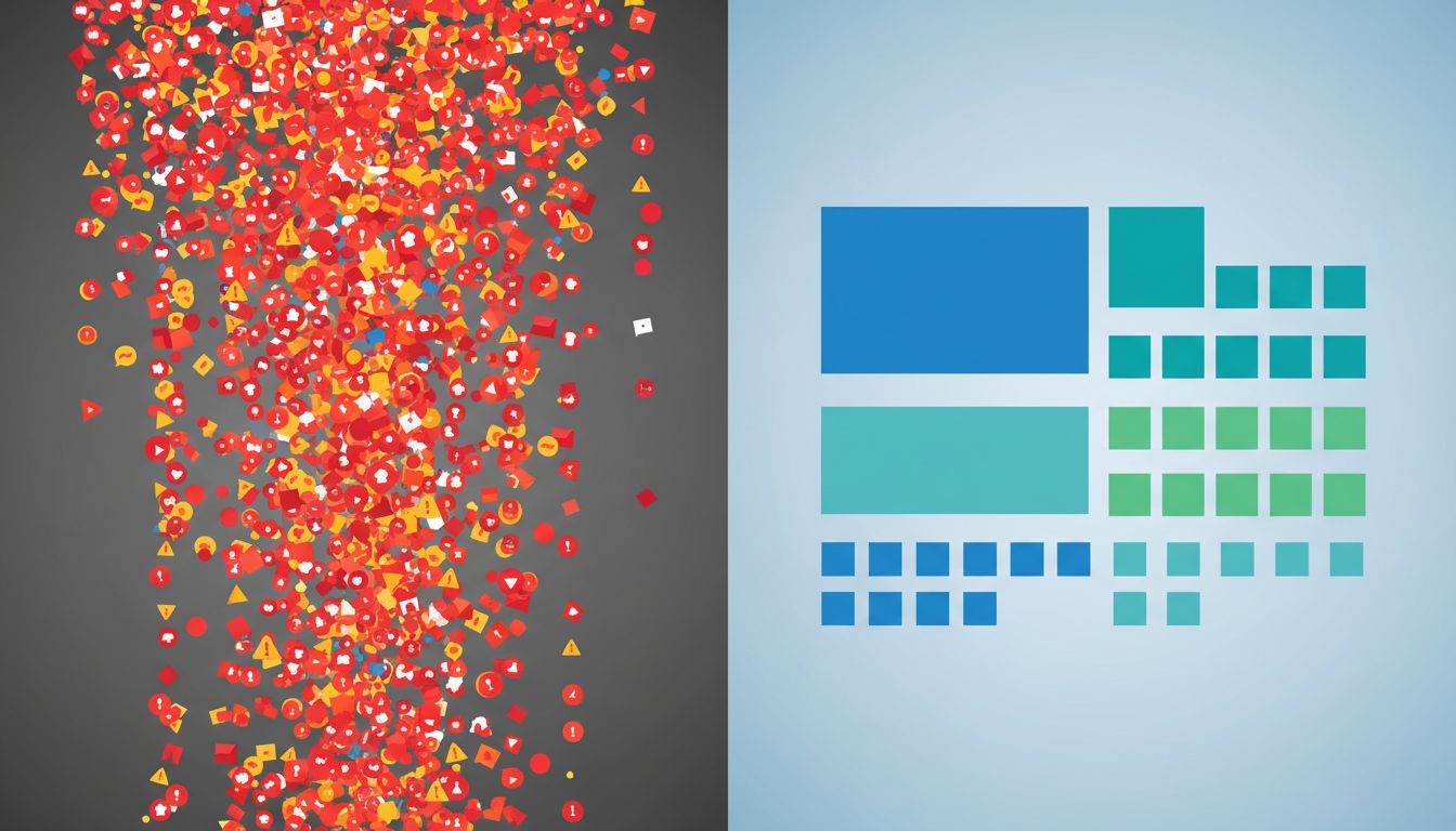 Illustration contrasting a chaotic notification feed with a deliberate priority grid