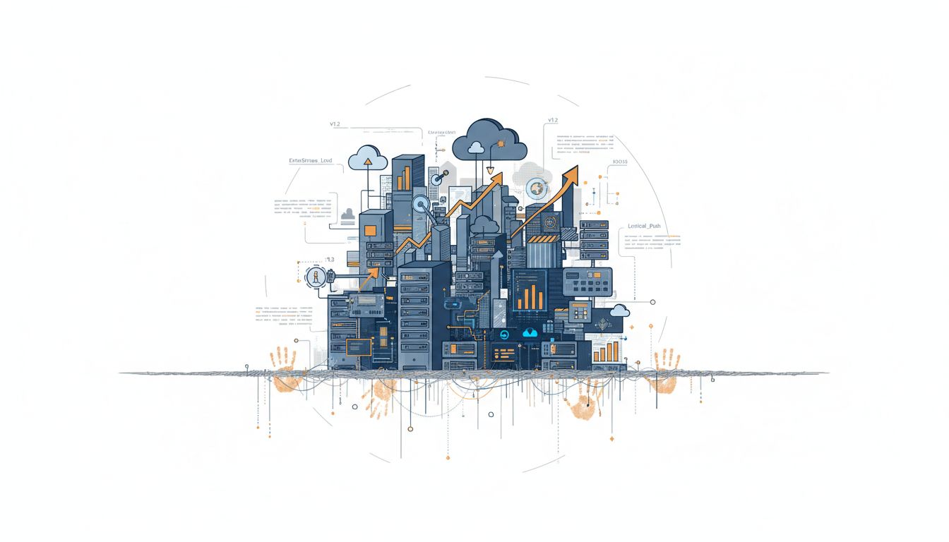 Abstract diagram of a single undersized thread bearing an enormous corporate infrastructure weight, with human handprints on the thread