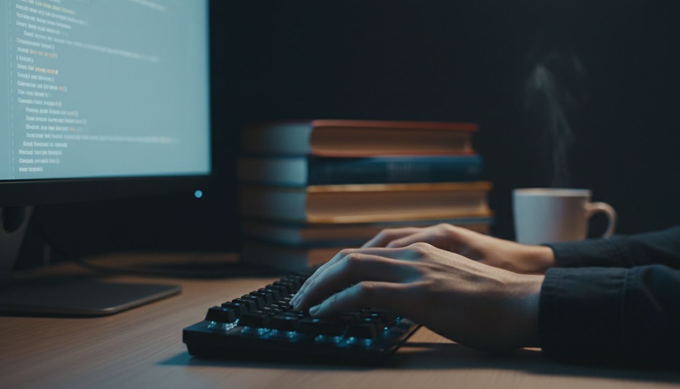 Developer typing code late at night by screen glow alone