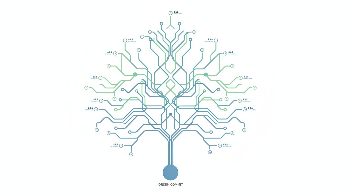 Branching diagram showing how open source projects grow organically through contributor forks over time