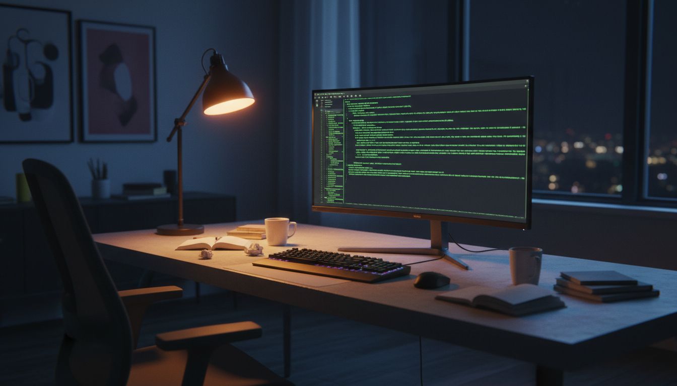 A late-night home office with a glowing monitor showing code, representing the origin of open source projects as weekend hobby work