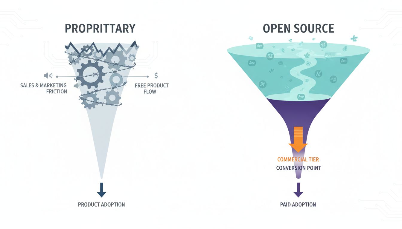 Diagram comparing the sales funnel of proprietary software versus open source commercial software, showing wider top-of-funnel for open source