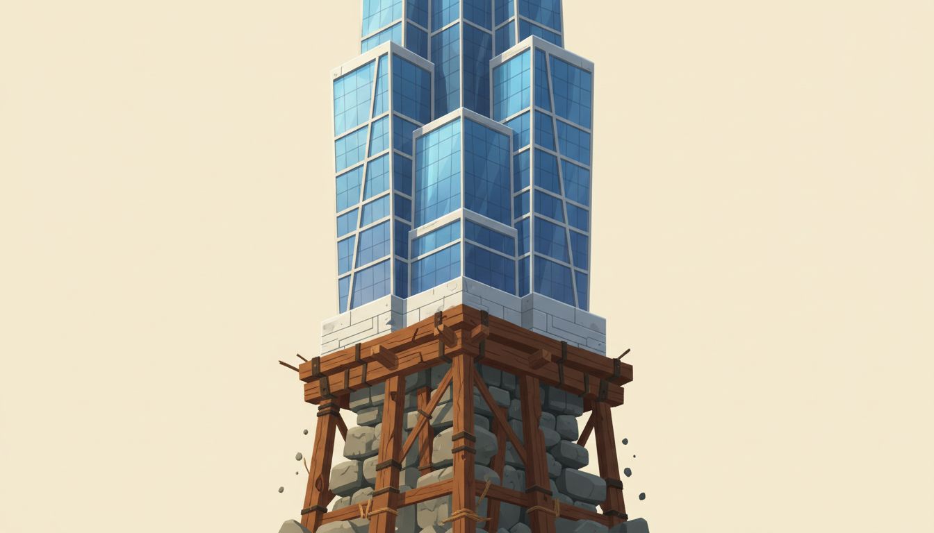 Illustration of a large modern tower resting on a precarious hand-built wooden foundation