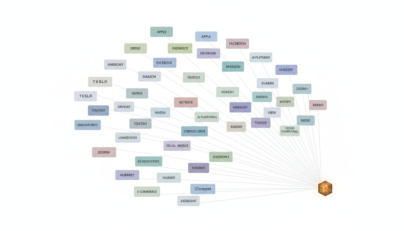 Dependency graph showing many large systems relying on a single small, fragile component