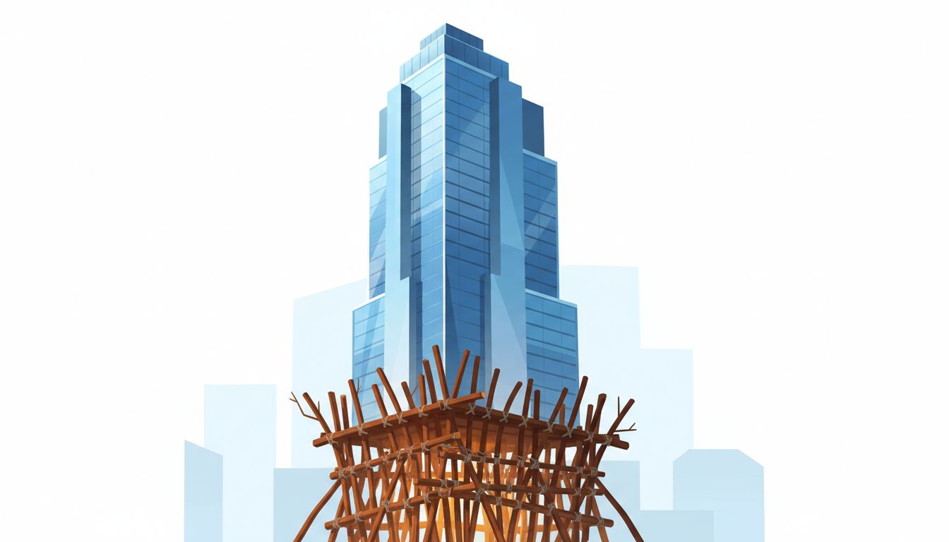 A gleaming skyscraper balanced on a fragile improvised foundation of wooden sticks
