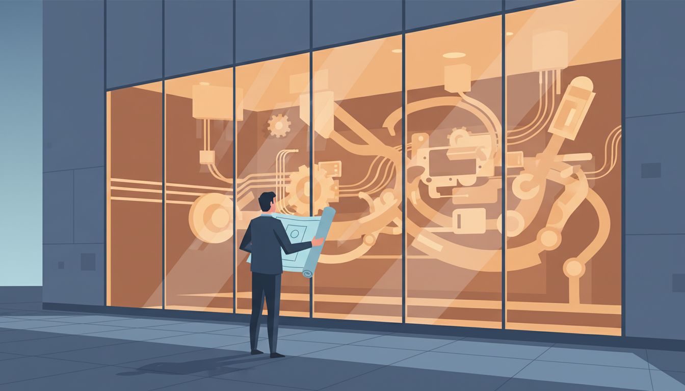 An outsider observing established industry machinery from outside a glass structure, holding a different blueprint