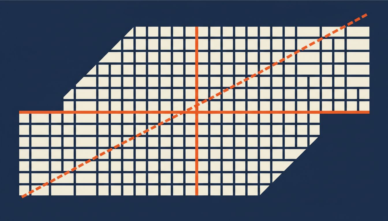 A map showing an unconventional diagonal route cutting through a conventional city grid to reach the same destination