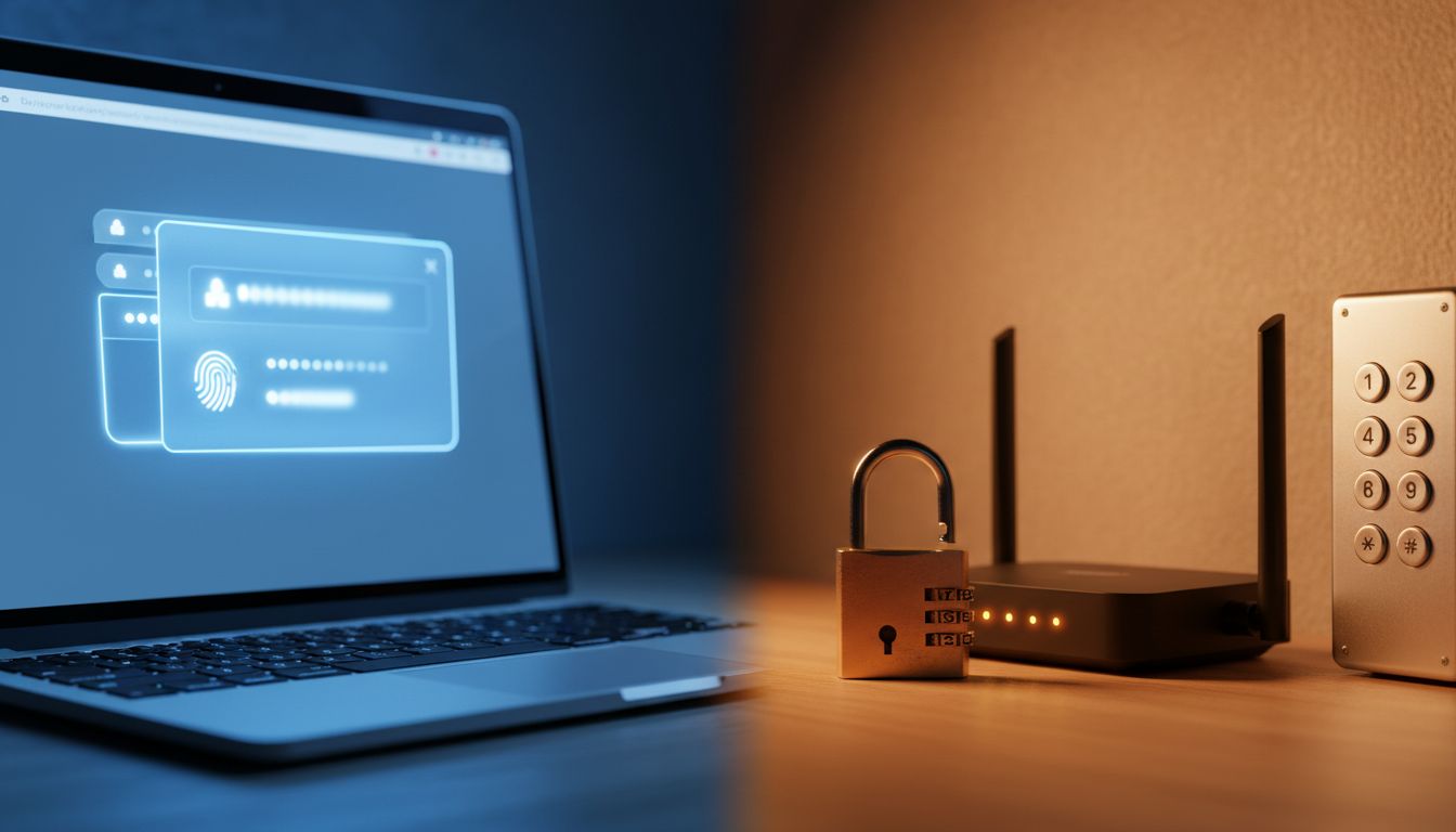 A browser password manager interface on the left contrasted with physical authentication devices including a PIN keypad and router on the right