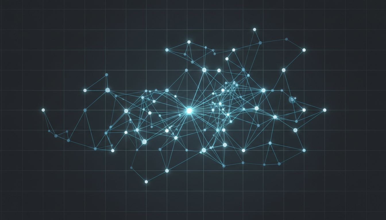 Abstract network diagram showing software adoption spreading laterally across organizational departments, each connection representing an additional revenue unit