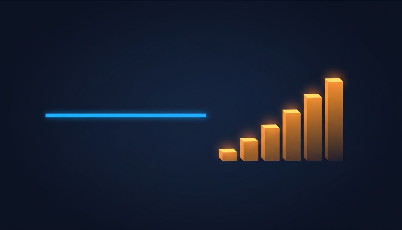 Abstract illustration contrasting flat revenue growth with the staircase expansion of per-user pricing over time
