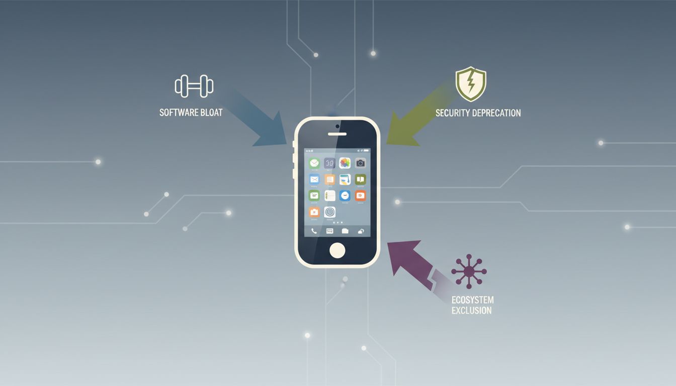 Diagram showing three converging pressure mechanisms on an older smartphone device