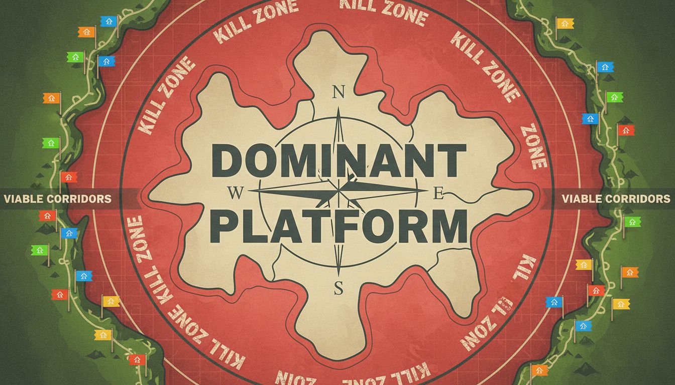 Strategic map showing platform kill zones surrounding a dominant tech platform with viable startup corridors