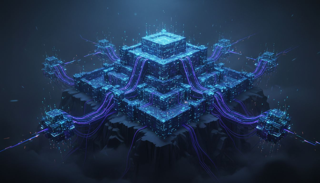 A network citadel representing platform dominance surrounded by isolated competitors unable to connect