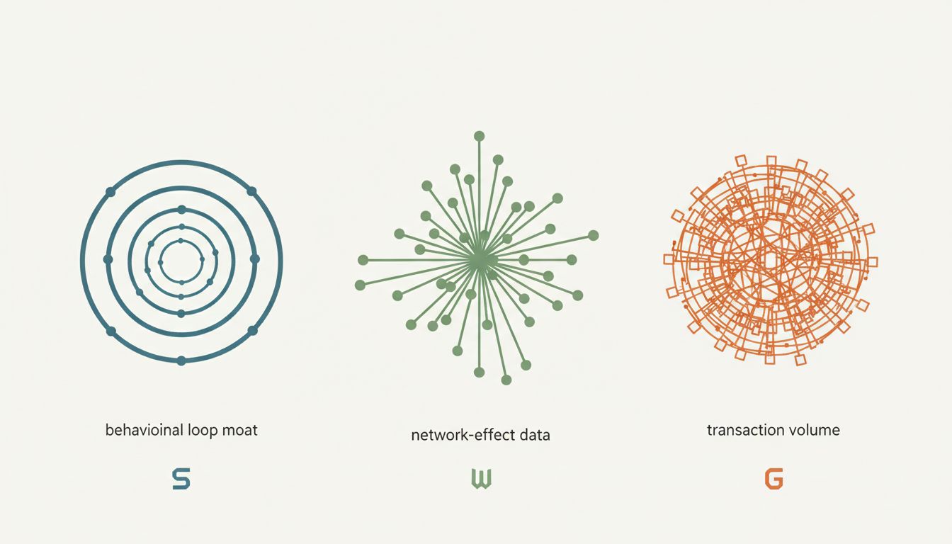 Three geometric forms representing the three types of data moat: behavioral loops, network-effect data, and proprietary transaction data