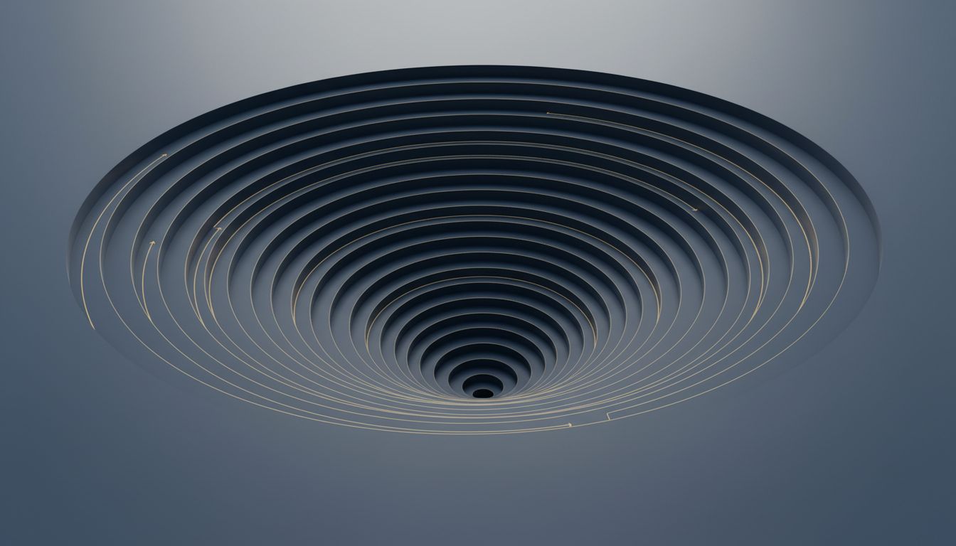 Concentric topographic rings illustrating a self-deepening data feedback loop
