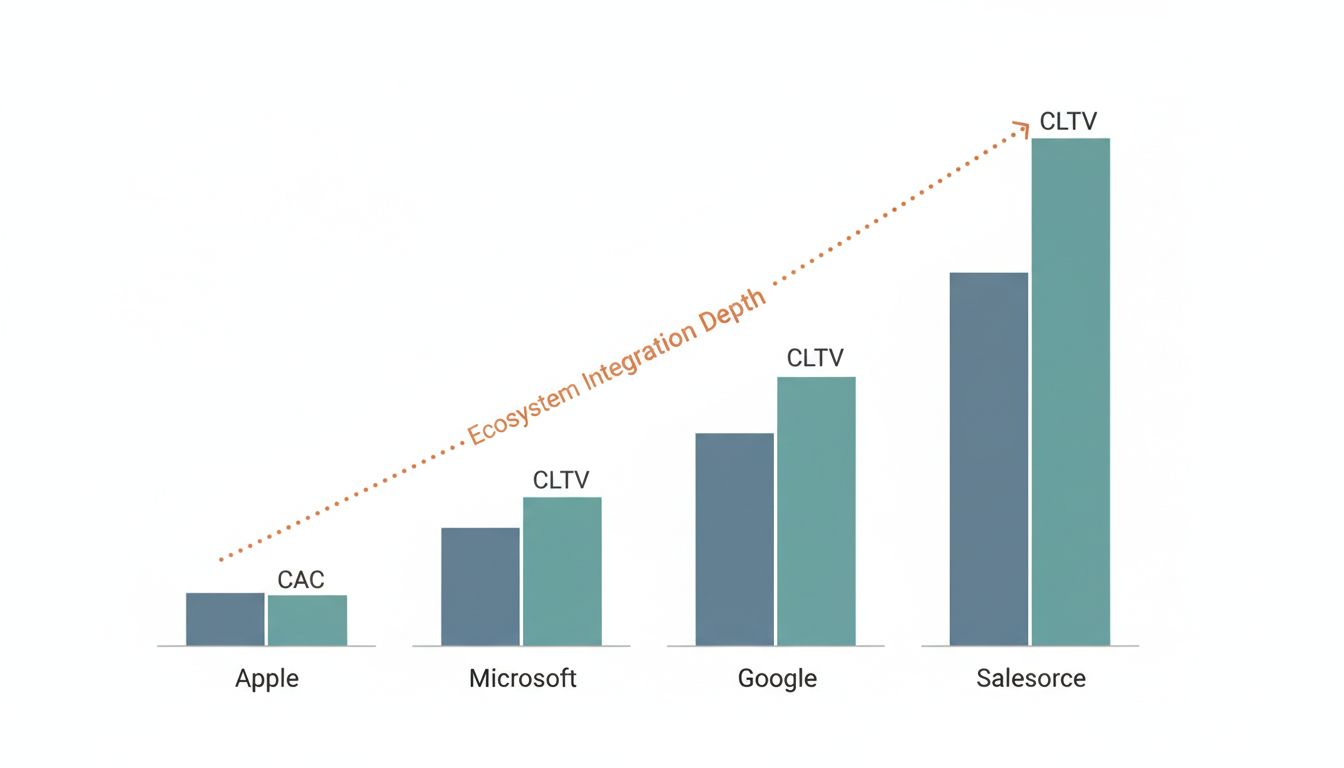 Bar chart comparing customer acquisition cost to lifetime value across major platform companies showing how ecosystem integration widens the gap