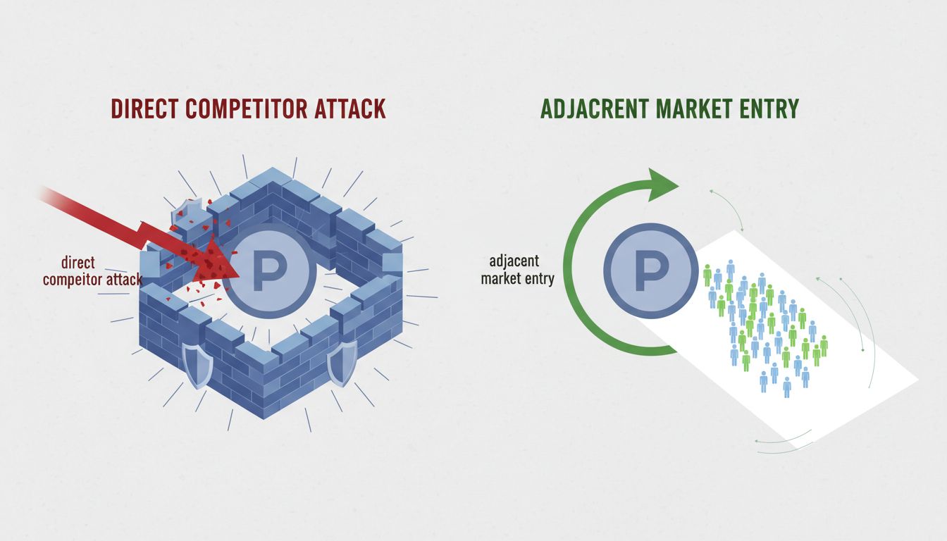 Strategic diagram comparing direct competition against an entrenched platform versus adjacent market entry targeting new users