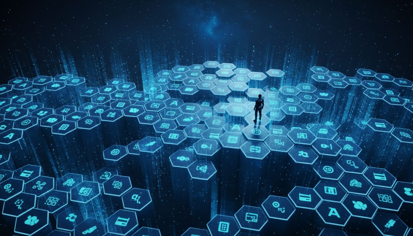 Digital ecosystem represented as an interconnected fortress with glowing hexagonal tiles symbolizing platform lock-in