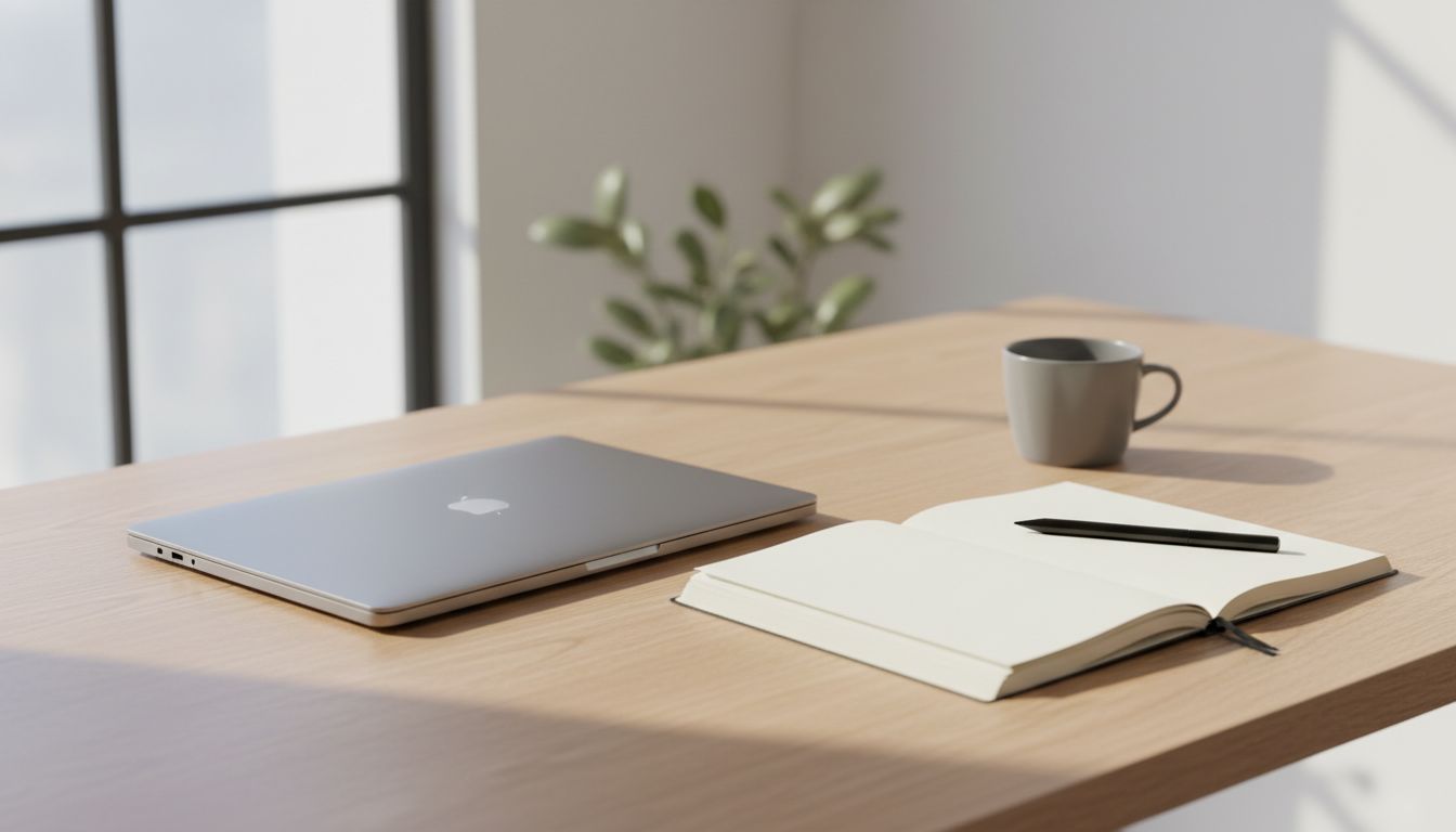 Open analog notebook next to a closed laptop on a minimal desk