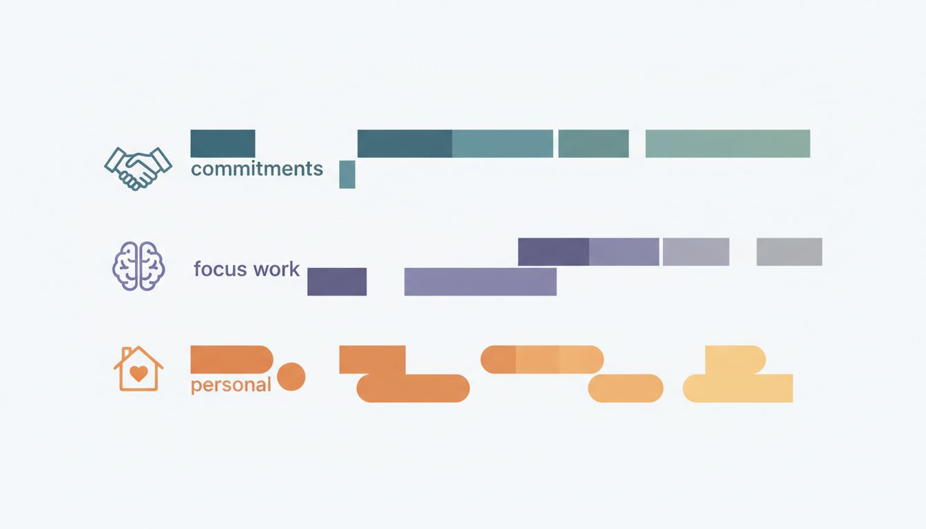 Three-lane diagram showing commitment, focus, and personal calendar layers as separate swim lanes with colored blocks