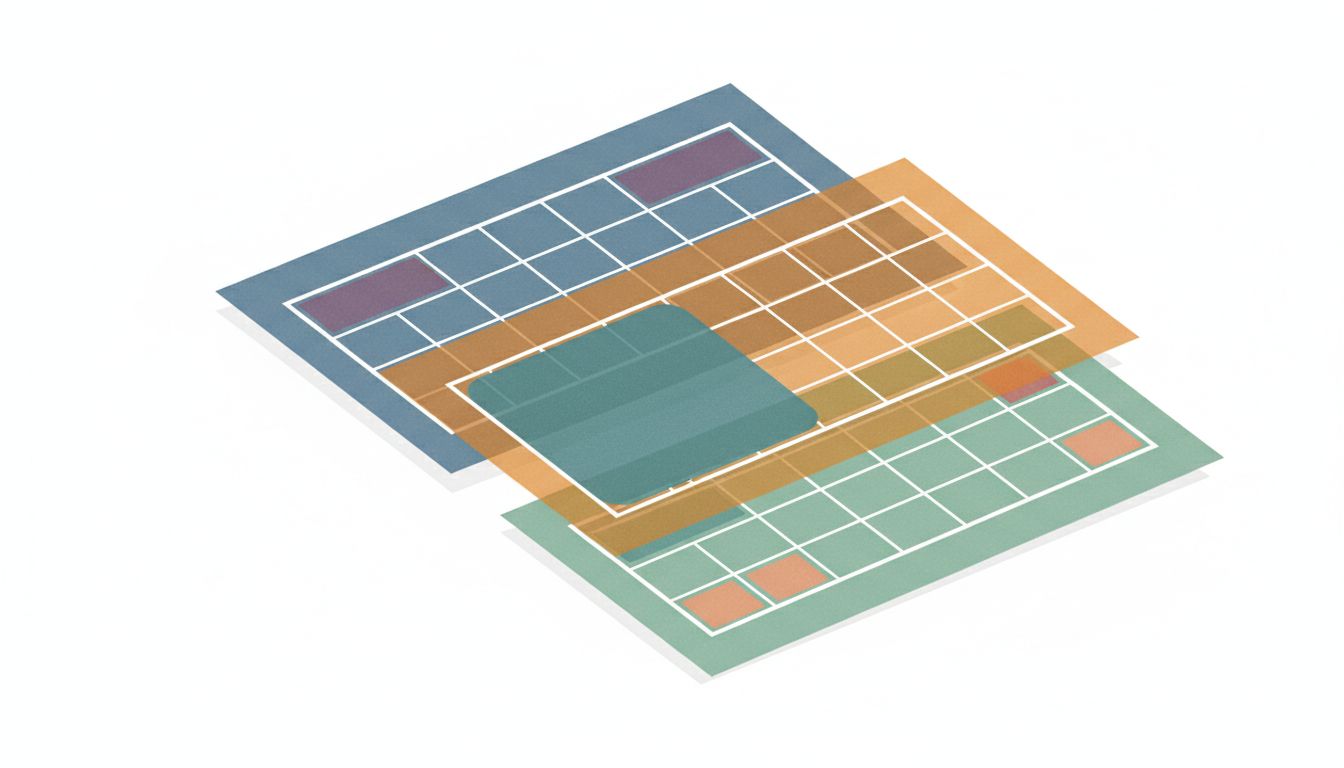 Three semi-transparent calendar layers stacked at slight offsets, each a different color, illustrating the concept of separating calendar types