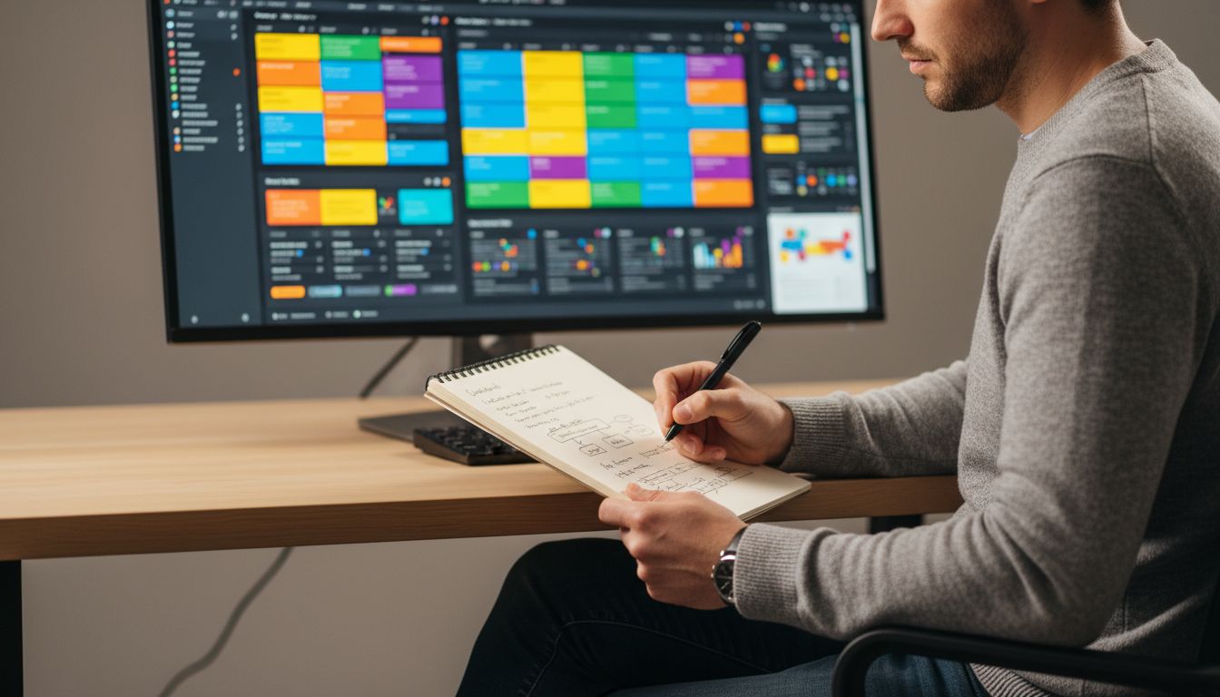 A developer writing in a simple paper notebook while a complex calendar app is visible on their monitor in the background