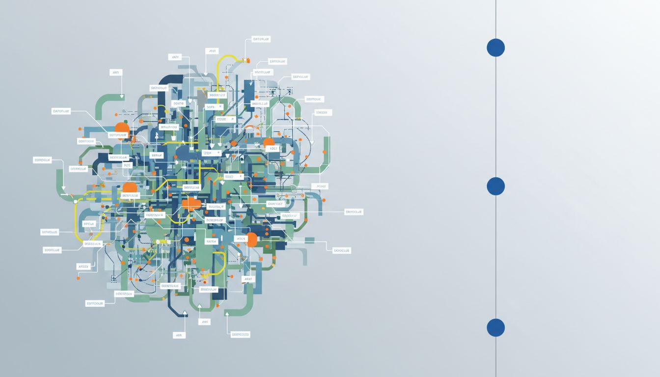 Abstract illustration contrasting a complex tangled system with a simple minimal one