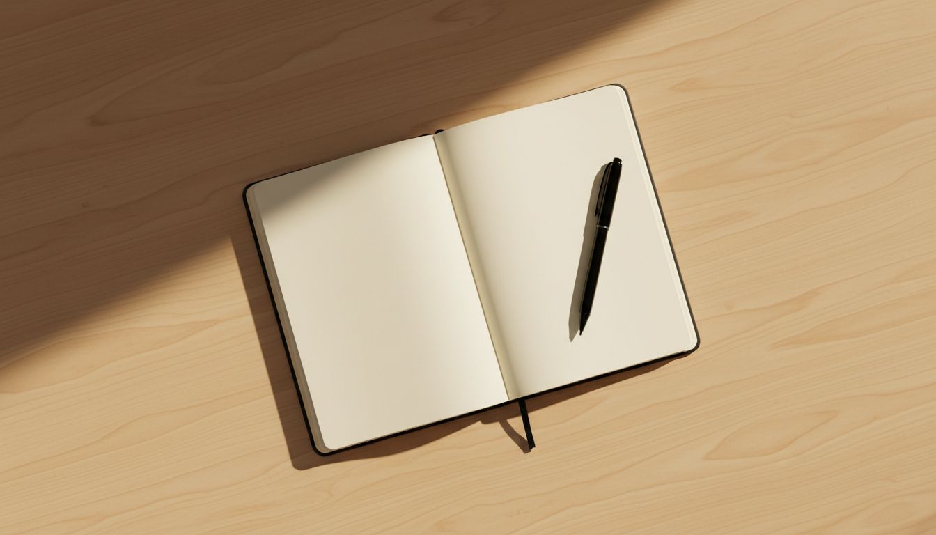 A nearly empty desk with only a notebook and pen, seen from above